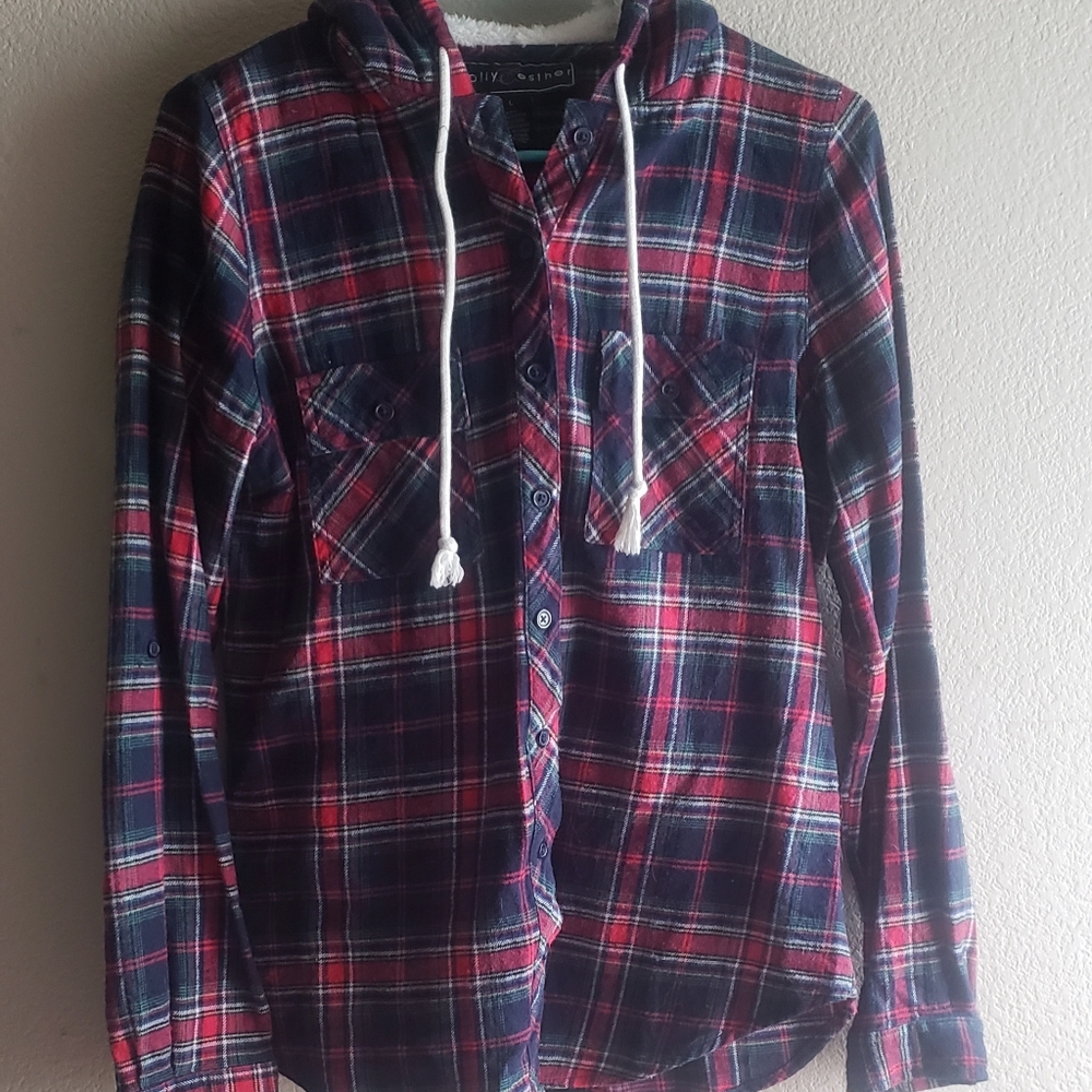 Polly & Esther Plaid Hooded Button Up, L